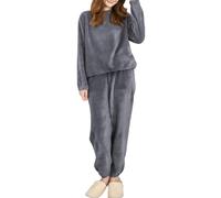Hveuluop Gieen Damen-Pyjama-Set aus Korallenfleece - Langärmliges Oberteil mit Rundhalsausschnitt und Hose, elastisches Hausanzug-Set aus Korallensamt in Einheitsgröße für Herbst und Winter.