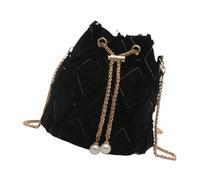 HVRFJXI Damen Quasten Denims Kleine Eimertasche mit Kettenriemen Modische Jeans Umhängetasche Schulterperlen Kordelzug Geldbörse Denims Bucket