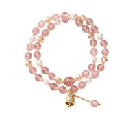 HVRFJXI Winterurlaubsgeschenk Retro Böhmisches Doppelstrang Armband Erdbeerquarz Süßwasserperlen mit Zirkonia Glocken Süßwasserperlen Armband