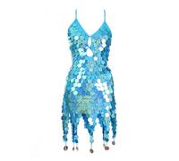 HWJFDC Fransenkleid Frauen Pailletten Fischschuppen Quaste Kleid Bauchtanz Performance Sparkly Kleid Festival Kleidung Rave Party Kostüm(Light Blue)