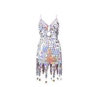 HWJFDC Fransenkleid Frauen Pailletten Fischschuppen Quaste Kleid Bauchtanz Performance Sparkly Kleid Festival Kleidung Rave Party Kostüm(Silver)