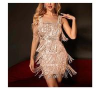 HWJFDC Fransenkleid Frauen Pailletten Quaste Kleid Sexy Fransen Glitzer Kleider Solide Ärmelloses Minikleid Cocktail Abend Party Kleider Weiblich(Rose Gold,M)