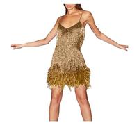HWJFDC Fransenkleid Frauen Sexy Backless Sling Mini Kleid Pailletten Glitter Abend Abendkleid Feder Fransen Quaste Party Kleider(Gold,XXL)