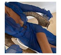 HWJFDC Strandkleid Damen Durchsichtige Rüschen V-Ausschnitt Tie-Up Beach Long Dress Sommer Sexy Bikini Cover-Ups Langarm High Split Saum Mesh-Kleid(Blue,L)