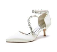 HXTYXCQ Damen Knöchelriemen Hochzeit Pumps Mit Strass Spitz Zehen Satin Brautschuhe Abend Partei Abschlussball Mittlerer Kätzchenabsatz Schuhe,Elfenbein,37 EU