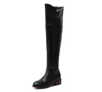 HXTYXCQ Damen Leder Lange Stiefel Mit Seitlichem Reißverschluss Runde Zehen Overknee-Stiefel Niedrigem Stämmiger Absatz Oberschenkelhohe Stiefel,Schwarz,47 EU