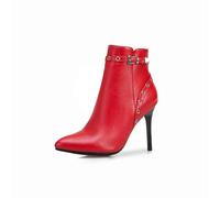 HXTYXCQ Damen Pfennigabsatz Leder Stiefeletten Spitz Zehen Chelsea-Stiefel Mit Schnalle Sexy Hoher Absatz Short Boots Mit Seitlichem Reißverschluss,Rot,37 EU
