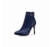 HXTYXCQ Damen Pfennigabsatz Leder Stiefeletten Spitz Zehen Chelsea-Stiefel Mit Schnalle Sexy Hoher Absatz Short Boots Mit Seitlichem Reißverschluss,Blau,37 EU