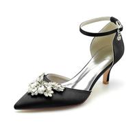 HXTYXCQ Damen Satin Riemchen Mit Absatz Brautschuhe Spitz Zehen Hochzeit Pumps Mit Strass Kätzchenabsatz Partei Abschlussball Kleid Schuhe,Schwarz,38 EU