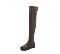 HXTYXCQ Damen Zum Reinschlüpfen Strecken Leder Lange Stiefel Runde Zehen Overknee-Stiefel Flache Absatz Oberschenkel Hohe Stiefel,Braun,37 EU