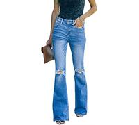 HYCYYFC Zerrissen Ausgestellt Jeans Hose Lässig Jeans Strumpfhosen Hose Glocke Unten Jeans Hose, Hoch Taillierte Skinny Jeans für Frauen (Color : Blue, Size : XL)