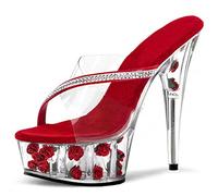 HYDgfiuf Damen Rosa Strass High Heels Klare Plateau Pantoletten Sandalen Sexy Stripper Club Pole Dance Hochzeitskleid Party Schuhe Große Größe 35-46,Rot,46