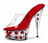 HYDgfiuf Frauen Klare High Heels Rote Rose Plateau Pantoletten Sandalen Sexy Stripper Club Pole Dance Hochzeitskleid Party Schuhe Große Größe 34-46,Rot,40