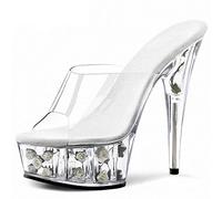 HYDgfiuf Frauen Klare High Heels Rote Rose Plateau Pantoletten Sandalen Sexy Stripper Club Pole Dance Hochzeitskleid Party Schuhe Große Größe 34-46,Weiß,39