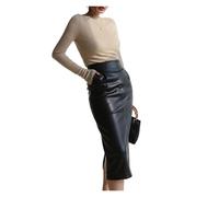 HYFEUOKF Frühling Midi Lederrock Damen Braun Weiß Schwarz Lange Bleistiftröcke mit hoher Taille for Damen Seitenschlitz Reißverschluss(Black,7XL)