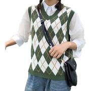 Hyipels Damen-Pullover, ärmellos, V-Ausschnitt, Argyle, kariert, lang, adrett, locker, gestrickt, lässig, Schule, Pullover, Tanktop, A Grün + Weiß, Klein