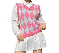 Hyipels Damen-Pullover, ärmellos, V-Ausschnitt, Argyle, kariert, lang, adrett, locker, gestrickt, lässig, Schule, Pullover, Tanktop, Rosa und Blau, Klein