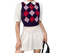 Hyipels Damen-Pullover-Weste, Y2K ärmelloses Muster Preppy-Stil gestricktes bauchfreies Tanktop für Mädchen, X-Klein