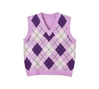 Hyipels Damen-Pullover-Weste, Y2K ärmelloses Muster Preppy-Stil gestricktes bauchfreies Tanktop für Mädchen, Argyle Purple, Mittel