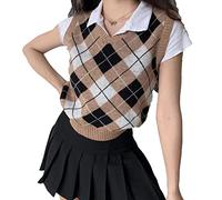 Hyipels Damen-Pullover-Weste, Y2K ärmelloses Muster Preppy-Stil gestricktes bauchfreies Tanktop für Mädchen, Groß