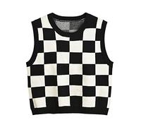 Hyipels Y2K Damen-Pullover, ärmelloses Muster, adretter Stil, gestrickt, bauchfreies Tanktop für Mädchen, Kariert, Schwarz und Weiß, X-Klein