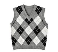 Hyipels Y2K Damen-Pullover, ärmelloses Muster, adretter Stil, gestrickt, bauchfreies Tanktop für Mädchen, Argyle-Grau-Schwarz, Groß