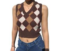 Hyipels Y2K Damen-Pullover, ärmelloses Muster, adretter Stil, gestrickt, Bauchfreies Tanktop für Mädchen, C Kaffee, X-Groß