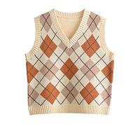 Hyipels Y2K Damen-Pullover, ärmelloses Muster, adretter Stil, gestrickt, bauchfreies Tanktop für Mädchen, Argyle-Beige, X-Klein
