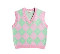 Hyipels Y2K Damen-Pullover, ärmelloses Muster, adretter Stil, gestrickt, bauchfreies Tanktop für Mädchen, Argyle2 Blassrosa + Grün, Groß