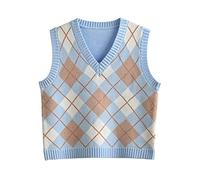 Hyipels Y2K Damen-Pullover, ärmelloses Muster, adretter Stil, gestrickt, bauchfreies Tanktop für Mädchen, Argyle, Hellblau, Mittel