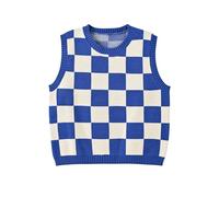 Hyipels Y2K Damen-Pullover, ärmelloses Muster, adretter Stil, gestrickt, bauchfreies Tanktop für Mädchen, Dunkelblau kariert, Mittel