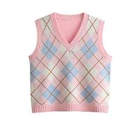 Hyipels Y2K Damen-Pullover, ärmelloses Muster, adretter Stil, gestrickt, bauchfreies Tanktop für Mädchen, Argyle-Pastellrosa, Klein