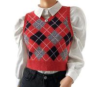 Hyipels Y2K Damen-Pullover, ärmelloses Muster, adretter Stil, gestrickt, bauchfreies Tanktop für Mädchen, Rot / Schwarz, Mittel