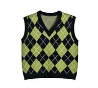 Hyipels Y2K Damen-Pullover, ärmelloses Muster, adretter Stil, gestrickt, bauchfreies Tanktop für Mädchen, Argyle2 Schwarz + Grün, Groß