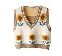 Hyipels Y2K Damen-Pullover, ärmelloses Muster, adretter Stil, gestrickt, bauchfreies Tanktop für Mädchen, B Beige-Sonnenblume, Mittel