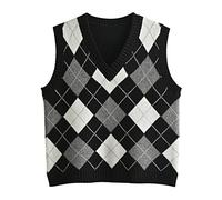 Hyipels Y2K Damen-Pullover, ärmelloses Muster, adretter Stil, gestrickt, bauchfreies Tanktop für Mädchen, Argyle, Schwarz, Mittel