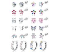 Hypoallergene Silber Ohrringe für Damen und Mädchen - 12 Paar Ohrringe aus Chirurgischem Edelstahl für Empfindliche Ohren, mit Blumen-, Schmetterlings- & Hoop-Designs, Sicherer Schraubverschluss