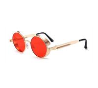 HYYZZC Steampunk-Sonnenbrille, rot, Vintage, Herren, rund, Punk-Stil, Retro-Sonnenbrille aus Metalllegierung, Damen, Schutzbrille, Gold-Rot, Einheitsgröße