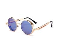 HYYZZC Steampunk-Sonnenbrille, rot, Vintage, Herren, rund, Punk-Stil, Retro-Sonnenbrille aus Metalllegierung, Damen, Schutzbrille, Gold/Blau, Einheitsgröße