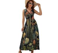 HZCRAES Sommerkleid Damen Ärmelloses V-Ausschnitt Retro Pilz Dschungel Freizeitkleid Große Sommer Beach Strandkleid Leicht Und Luftig Langes Kleid Elegante Summer Dress