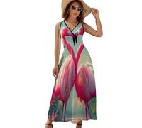 HZCRAES Sommerkleid Damen Ärmelloses V-Ausschnitt Tropischer 3D-Flamingo Freizeitkleid Große Sommer Beach Strandkleid Leicht Und Luftig Langes Kleid Elegante Summer Dress