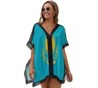 HZCRAES Strandkleid Damen Flagge Kasachstans Luftig Strandtunika Sommer Strandkleider Ethnische Sonne Bikini Cover Up Strandponcho Große Größen V-Ausschnitt Kurzarm Blusenkleid Für Urlaub