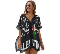 HZCRAES Strandkleid Damen Palästinensische Flagge Luftig Strandtunika Sommer Strandkleider Ethnische Charaktere Bikini Cover Up Strandponcho Große Größen V-Ausschnitt Kurzarm Blusenkleid Für Urlaub