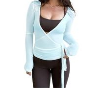 HzDazrl Damen-Wickeloberteil für Yoga, Tanz, Langarm-Shirt, Kreuz-Wickeln, V-Ausschnitt, schmales T-Shirt, Tunika, Tops, Workout-Bluse, seeblau, M