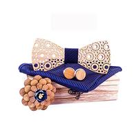 HZQIFEI Fliege aus Holz, 4-teiliges Set, Fliege aus Holz + Manschettenknöpfe + Brosche + Taschenformat, modisches Accessoire, Stil#07, Ensemble de 4 pièces