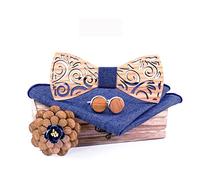 HZQIFEI Fliege aus Holz, 4-teiliges Set mit Fliege aus Holz + Manschettenknöpfe + Brosche + quadratische Tasche, modisches Accessoire, Stil #20, Ensemble de 4 pièces