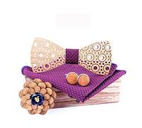 HZQIFEI Fliege aus Holz, 4-teiliges Set mit Fliege aus Holz + Manschettenknöpfe + Brosche + quadratische Tasche, modisches Accessoire, Stil #09, Ensemble de 4 pièces