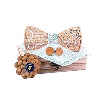 HZQIFEI Fliege aus Holz, 4-teiliges Set mit Fliege aus Holz + Manschettenknöpfe + Brosche + quadratische Tasche, modisches Accessoire, Stil #24, Ensemble de 4 pièces