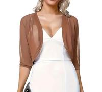 HZWMQDLF Damen Strickjacke Bolero Shrug 3/4 Ärmel Kurz Cardigan Sommer Leichte Chiffon Jacke für Kleider Abend Damen Weich Offene Vorderseite Schal Überzug Dunkelbraun S