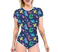 IBAKOM Damen Kurzarm Pyjama Body Niedlicher Print Einteiler Strampler Trikot Nachtwäsche Pyjamas Pj Teddy Overall Schlafanzug Oberteile Königsblau M